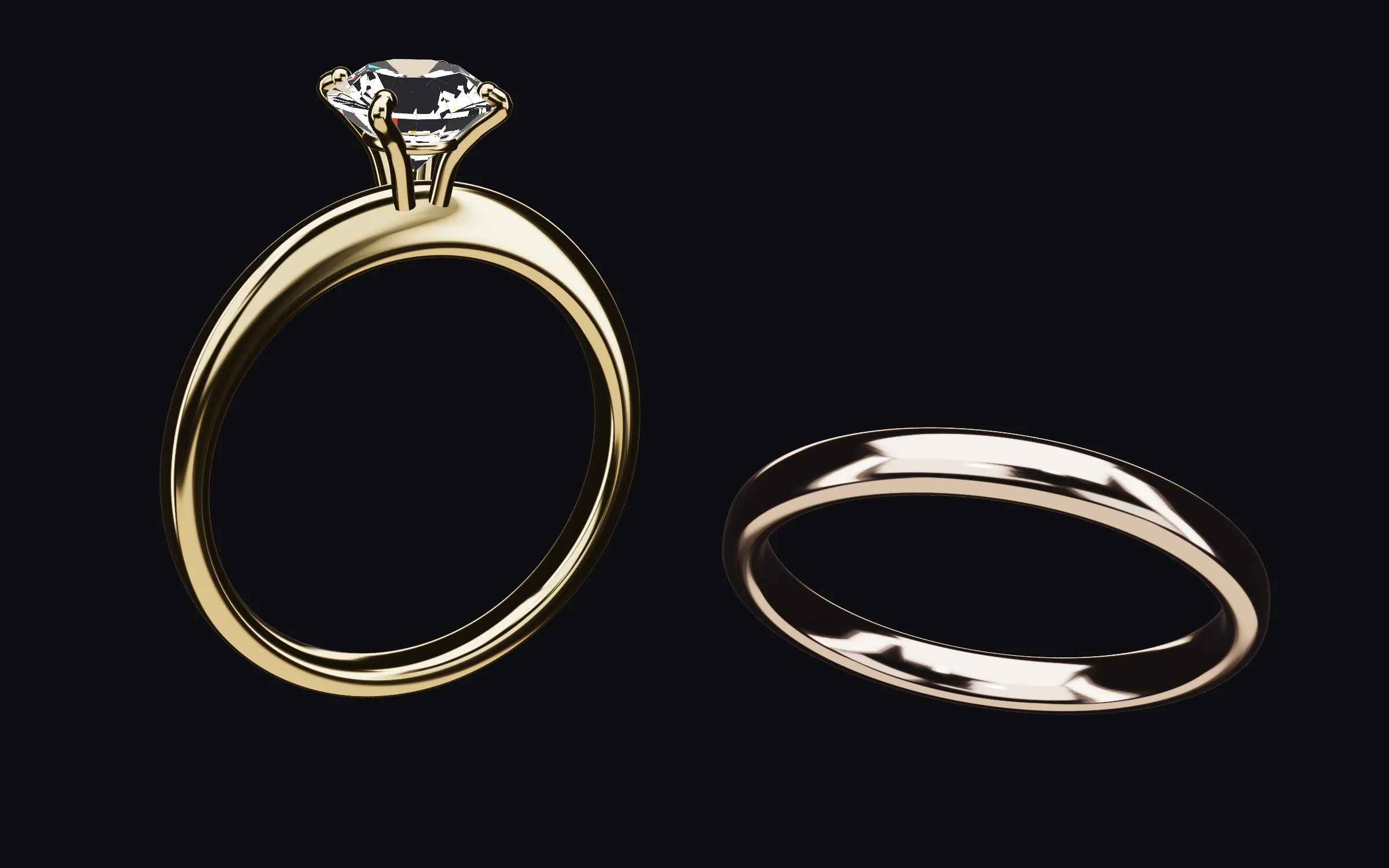 The Orbite solitaire in yellow gold standing beside an Orbite band in rose gold, against a dark background.