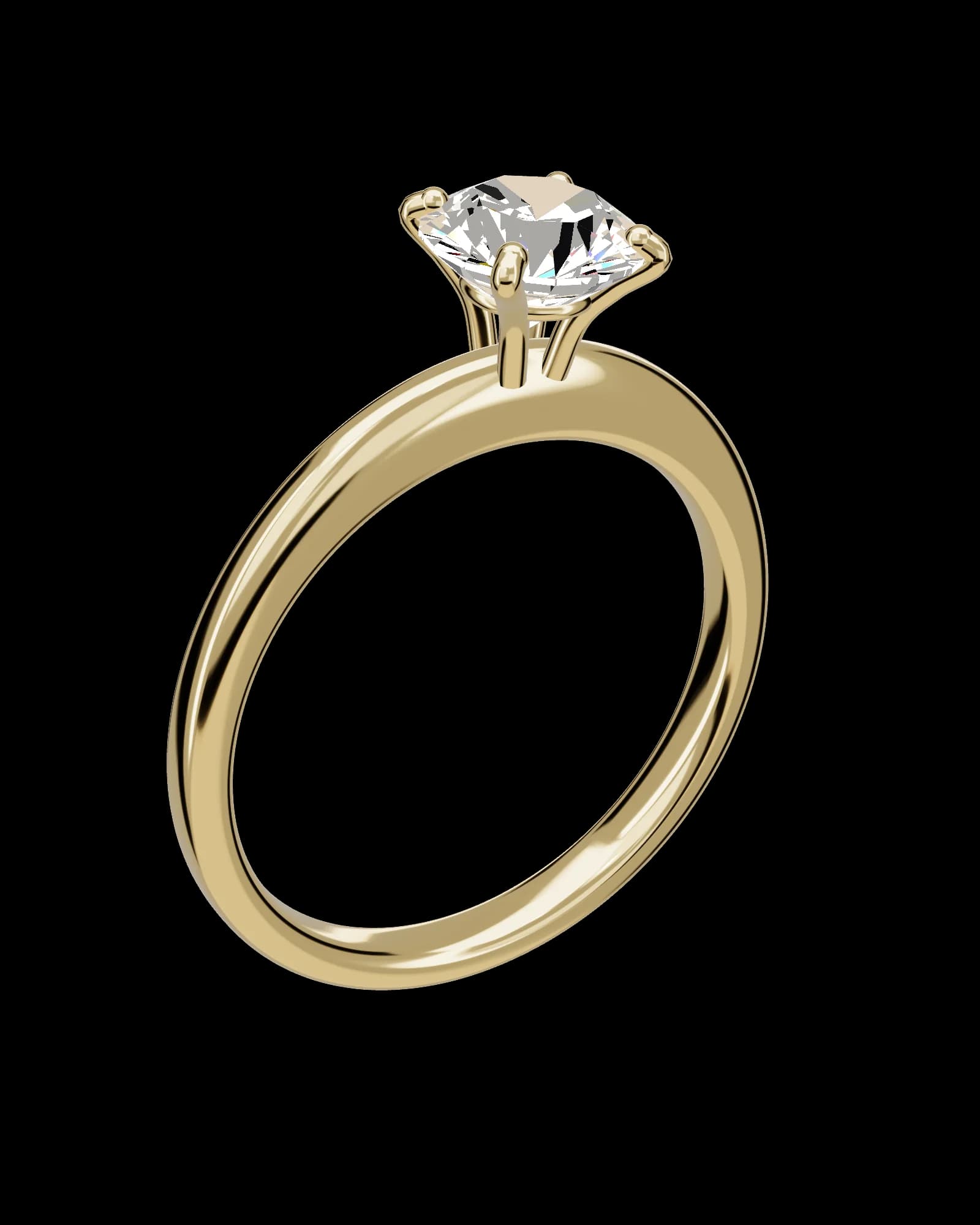 The Orbite solitaire in yellow gold, seen from above and to one side: a round brilliant in four claws above a tapered shank.