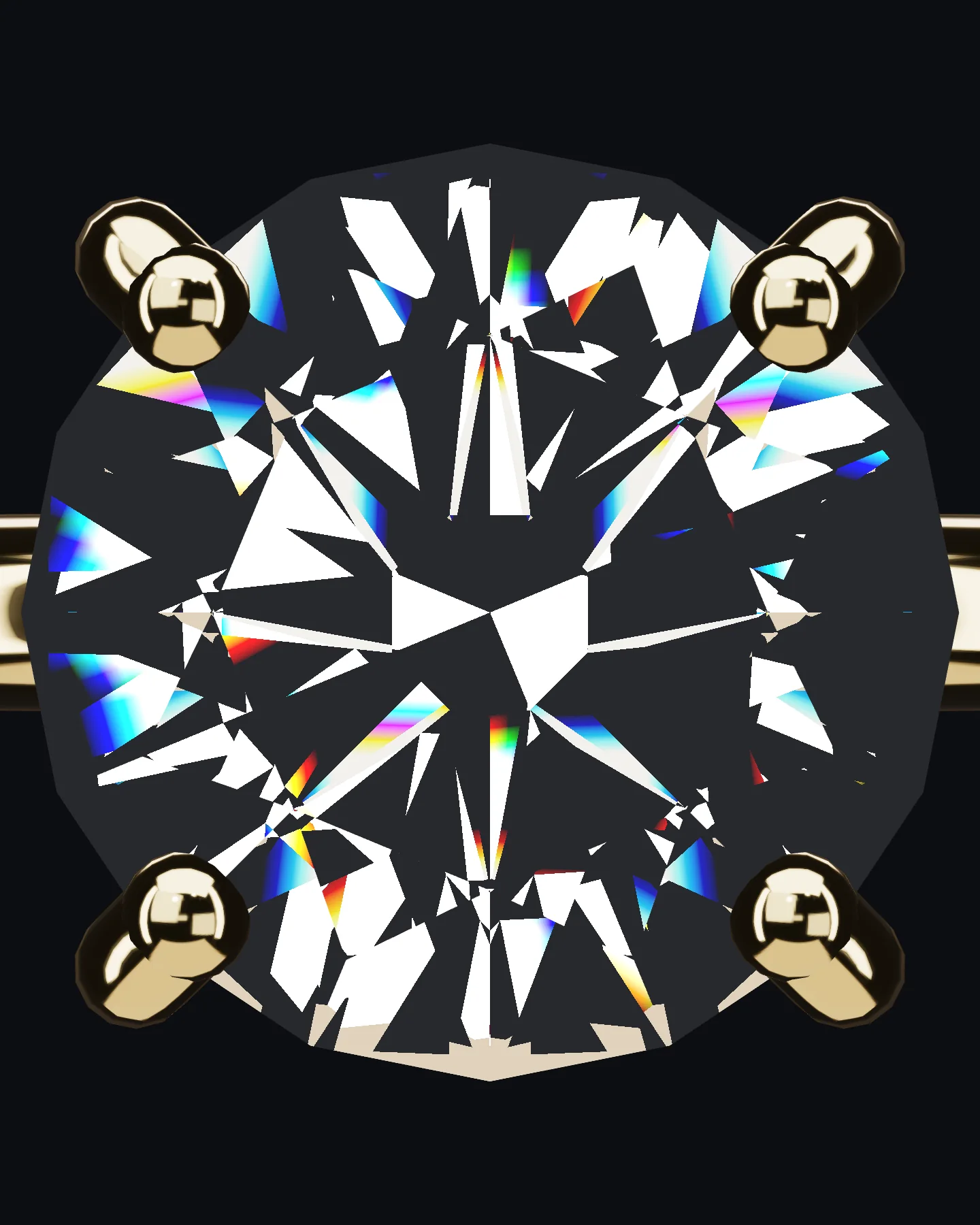 The Orbite's stone seen face-up: the facet pattern of a round brilliant within four claws.